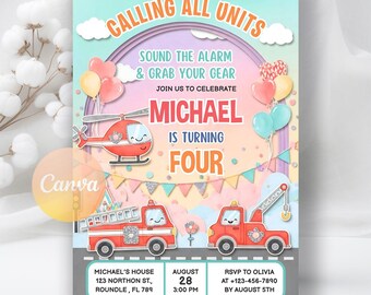 Emergency Vehicles Birthday Invitation, First Responders Party, Firefighter Boy Invite, Calling All Units, Printable Editable Canva Template