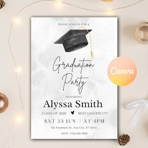May include: A graduation party invitation with a watercolor background. The invitation features a black graduation cap with a gold tassel, the words "Graduation Party", and details for Alyssa Smith's graduation. The Canva logo is visible.