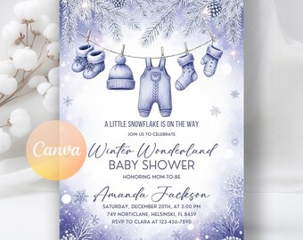 May include: A baby shower invitation with a winter wonderland theme. The invitation features watercolor illustrations of baby clothes hanging on a clothesline, with snowflakes and pine branches. Text includes "A Little Snowflake is on the Way" and event details.