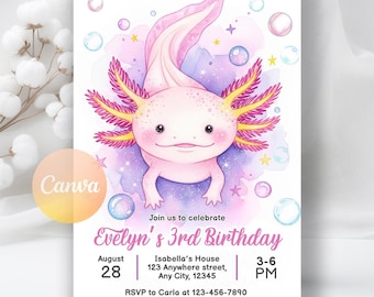 Axolotl Birthday Invitation, A Lotl Fun Party Invite, Pink Girl Axolotl Invite, Girl Birthday Invite, Cute Axolotl, Editable Canva Template