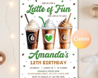 Invito di compleanno a tema caffè, Latte of Fun, Frappé di compleanno, Invito digitale a tema caffè, Invito a tema caffè, Festa a tema caffè, Modello Canva modificabile