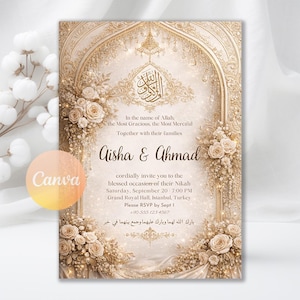 May include: A gold wedding invitation with floral and calligraphy details. The invitation includes the names "Aisha & Ahmad" and event details. The design features a decorative arch and text in Arabic.