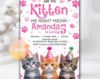 Editable Cat Birthday Invitation, Cat Theme Birthday Invitation, Are You Kitten Me Birthday, Paw-ty Birthday Invite, Editable Canva Template