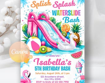 Water Slide Birthday Invitation, Water Slide Invites, Summer Pool Party, Girl Splash Party Invite Printable Digital, Editable Canva Template