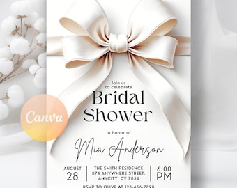 White Bow Bridal Shower Invitation, White Bow Bridal Invite, Elegant Bridal Party Invite, Cream Bow Bridal Invite, Editable Canva Template