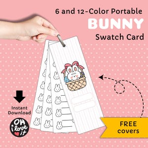 Tarjeta de muestra de color, Hoja de muestra de color en blanco, Muestra de color de conejo lindo, Tabla de colores en blanco imprimible con marcadores de alcohol, Dibujo animado de conejito kawaii