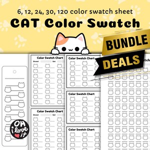 CAT Farbpalette, druckbare Marker & Bleistift Farbkarte, süßes Katzen-Thema: 6, 12, 24, 30, 120 Farb-Tracker-Blätter, tragbare Farbkarten PDF