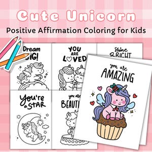 Cartões de colorir de UNICÓRNIO, páginas para colorir de unicórnios, palavras motivacionais de amor-próprio para colorir, afirmação positiva, colorir para imprimir para crianças