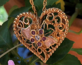 Flower Heart Pendant Necklace/Pin  -Vintage Heart Necklace - Gold Tone Heart Pendant -Heart Pin- Pendant/Pin Necklace- "I Love You" Necklace