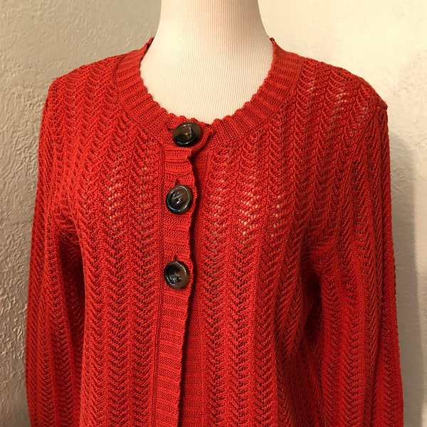 Vintage Jones New York Signature  Sweater - Jones New York - Orange Knit Sweater - Lacey Knit Cardigan - 3/4 Length Sleeve Cardigan -Sweater