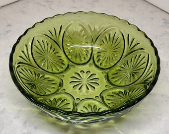 Vintage Green Pressed Glass Bowl - Anchor Hocking Serving Bowl - Vintage Avocado Green Pressed Glass  8"  Bowl - Medallion  and Star Pattern