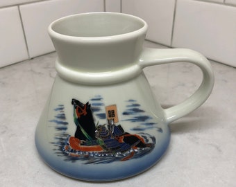 Asian Folklore Mug - Vintage Mug - Asian Mug - Made in Japan - Chinese Warrior Mug - Wide Based Mug - Mongolian Warrior on Black Horse - Mug