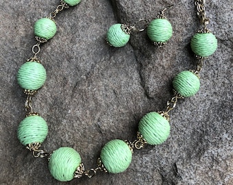 Vintage Green String-Bead Necklace and Earring Set - Unique Jewelry -Costume Jewelry - Necklace/ Earring Set-Green Beads - Pierced Earrings