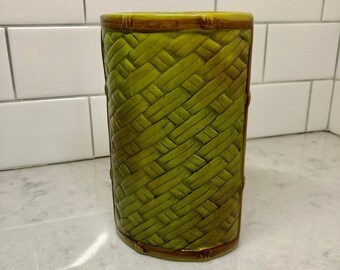 Vintage Asian Vase - Vintage Vase - Asian Vase - Bamboo-like Vase - Flower Vase - Vase - Asian Decor - Green Woven Vase - Basketweave Vase