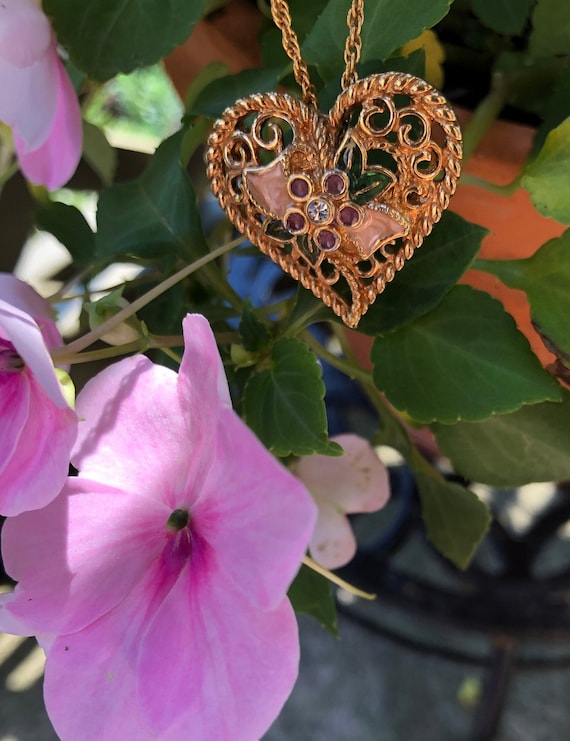 Flower Heart Pendant Necklace/Pin  -Vintage Heart 