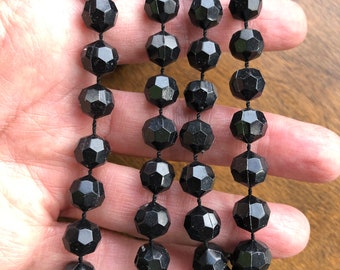 Vintage Black Faceted Bead Necklace – 50 Inch Rope