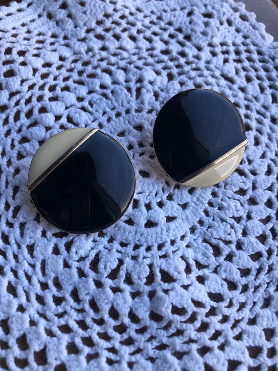 Vintage Black and White Clip Earrings - Gold Acce… - image 1