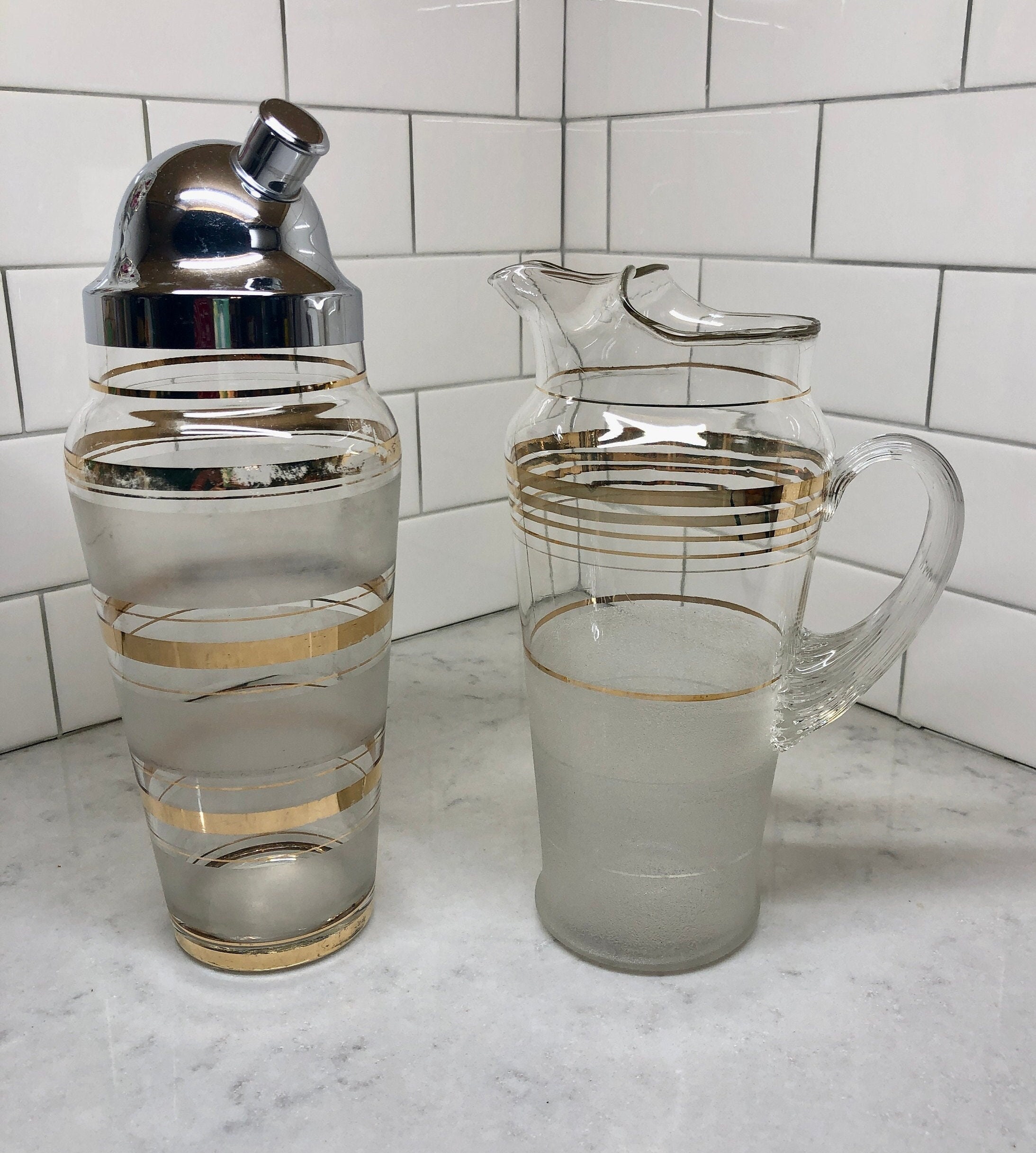 Vintage Barware Cocktail Set Pitcher and 4 Glasses Frosted and Silver Rim