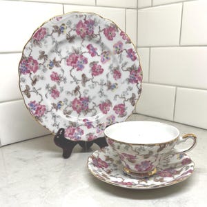 Vintage Teacup, Saucer and Dessert Plate - Floral Teacup and Saucer - Teacup Set -Victorian Teacup Set -Dogwood Blossom Teacup Set -High Tea