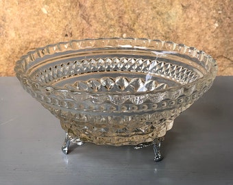 Vintage Cut Glass Dish with Silver Feet/Legs - Small Vintage Footed Bowl -Footed Cut Glass Bowl -Vintage Serving Ware -Cut Glass Servingware