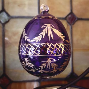 Purple Blown Glass Ornament - Blown Glass Etched and Gold Filled - Christmas Ornament - Blown Glass Christmas Bulb - Tree Ornament