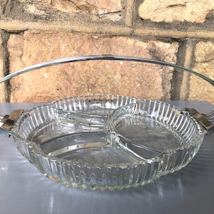 Charcuterie Tray with Handle - Etched Glass Relish Tray with Stainless Handle - Vintage Charcuterie Tray - Vintage Etched Glass Relish Tray