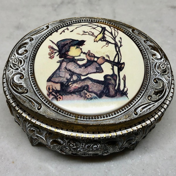 Farrington Metal Trinket Box -Porcelain Hummel Jewelry Box -Round Footed Metal Jewel Box -Velvet Lined Trinket Box -Farrington-Made in Japan