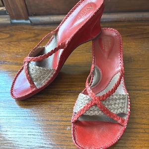 Vintage Clarks Red Leather Slides - Straw Detail Sandals, Size 8.5