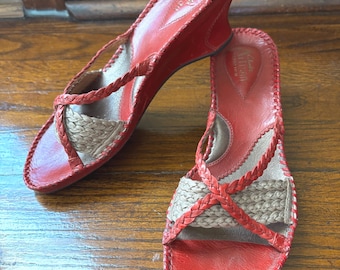Vintage Clarks Red Leather Slides - Straw Detail Sandals, Size 8.5