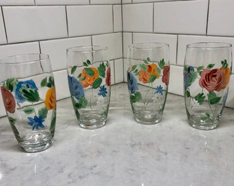 Vintage Tumblers - Vintage Hand Painted Glassware - Vintage Water Glasses - Floral Hand Painted Glasses - Water Glasses - Vintage Tableware