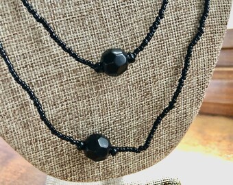 Vintage Black Bead Rope Necklace – Geometric Accent Bead