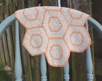 Vintage Crocheted Hexagon Doilies - Set of 4, Peach Trim
