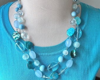 Vintage Blue Bead Necklace - Double Strand, Beachy Jewelry