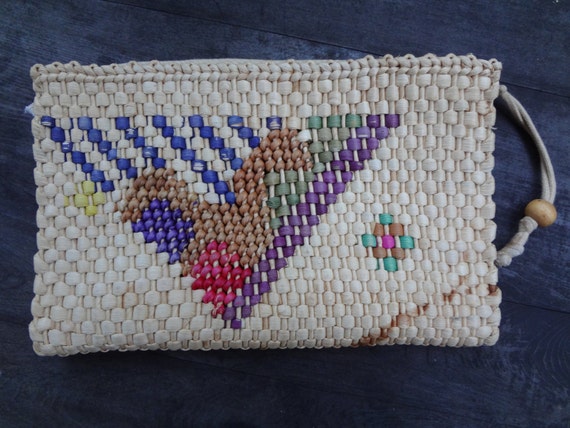 Vintage Straw Clutch Handbag - Straw Wrist Purse … - image 1