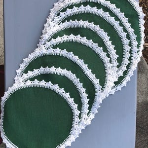 Handmade Crochet Trimmed Doilies -Vintage Table Linen -Crochet Edged Doilies -Vintage Doilies - Green Linen Doilies - Handmade Table Linens