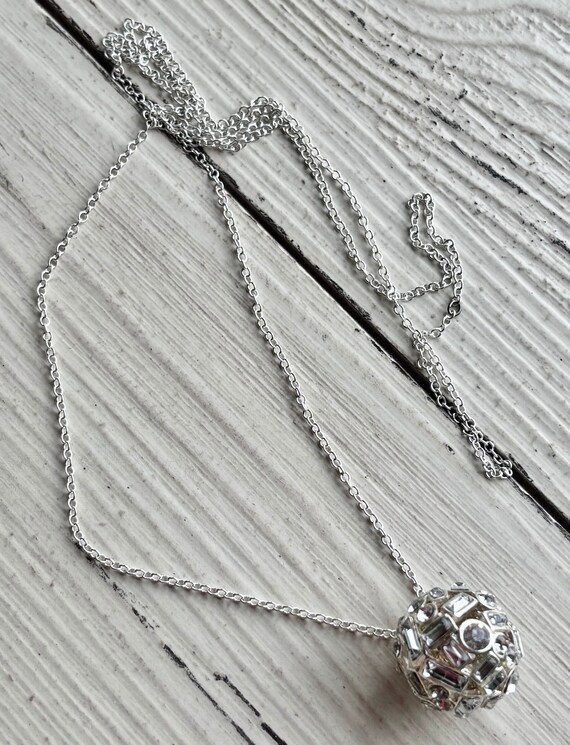 Vintage Silver Tone Ball Necklace - Crystal Inlai… - image 5