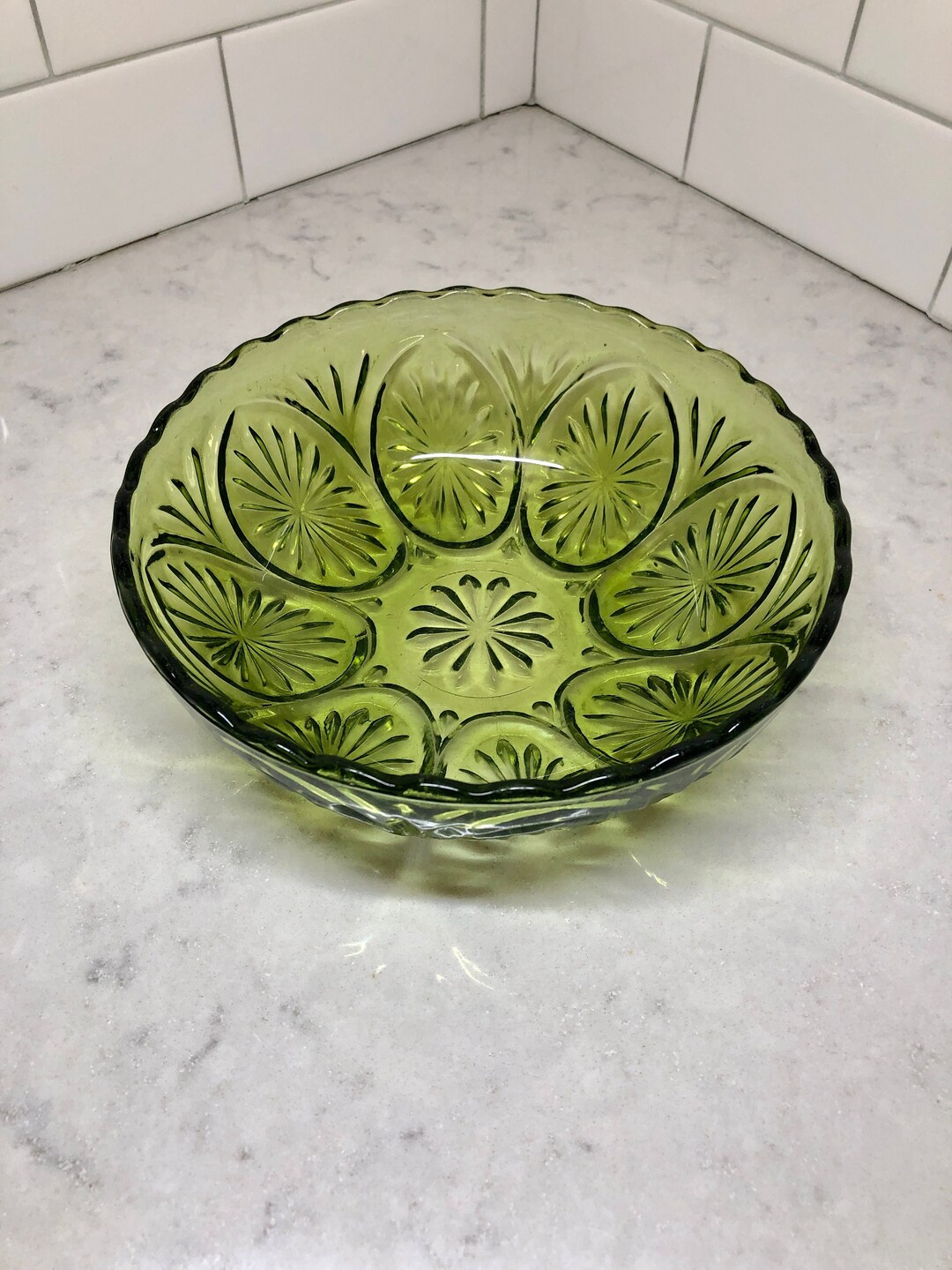 Vintage Green Pressed Glass Bowl Anchor Hocking Serving Bowl Vintage
