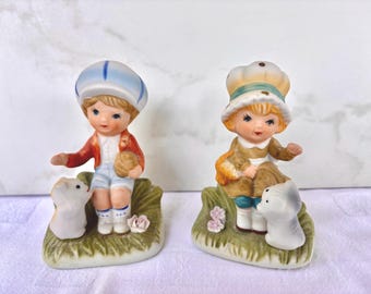 Vintage Homco Children Figurines – Boy and Girl with Kittens