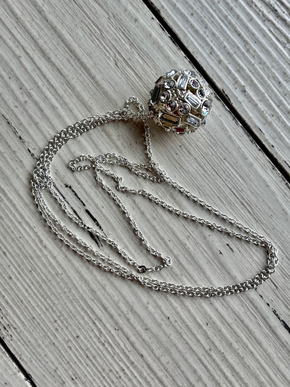 Vintage Silver Tone Ball Necklace - Crystal Inlai… - image 7