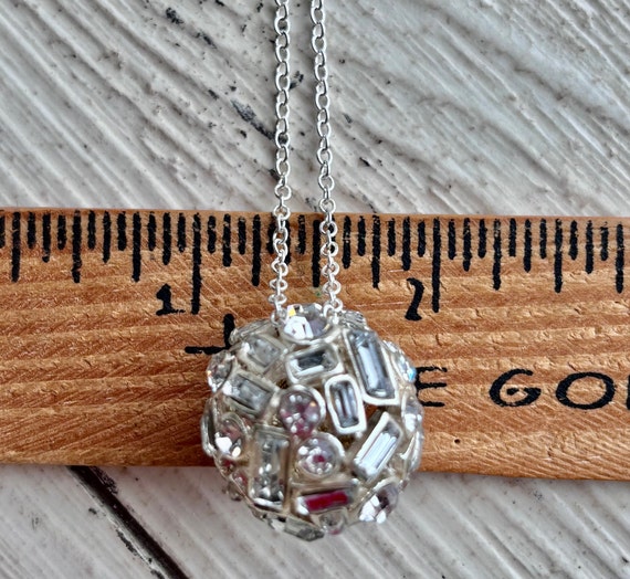 Vintage Silver Tone Ball Necklace - Crystal Inlai… - image 3