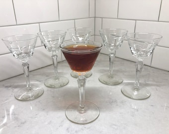 Vintage Etched Wine Glasses - Set of 6, Leaf Stem Design