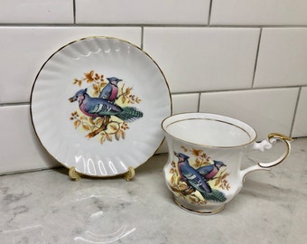 Vintage Teacup and Saucer - Vintage Rosina China - Birds of America Series 1 - Queens - Made in England - Bluejay  Teacup and Saucer - Birds