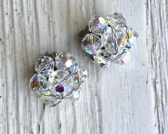 Vintage Aurora Borealis Crystal Clip Earrings – Mid-Century Glamour