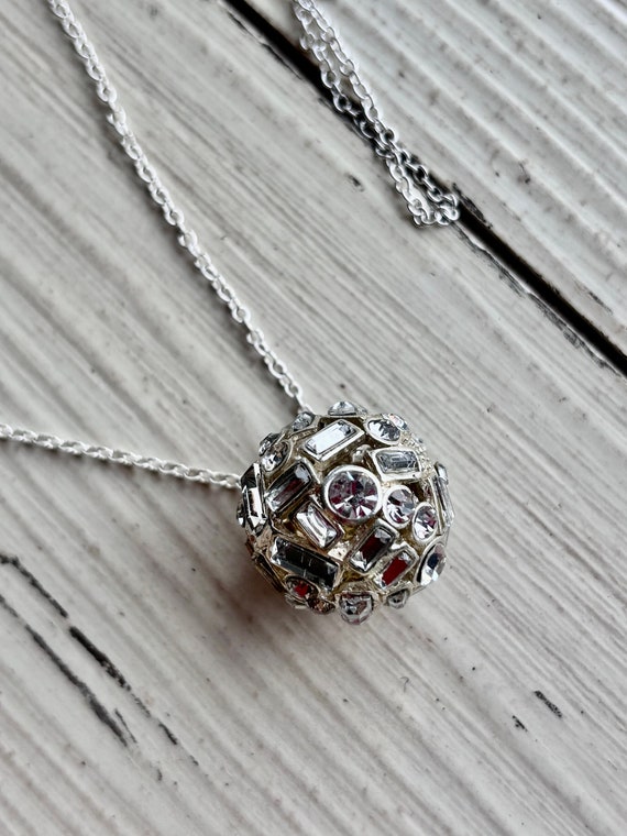 Vintage Silver Tone Ball Necklace - Crystal Inlai… - image 1