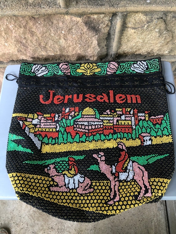 Sac Vintage Israël Jérusalem Perles Noires - Cordon - Unique