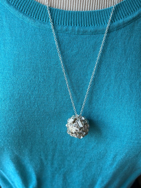 Vintage Silver Tone Ball Necklace - Crystal Inlai… - image 2