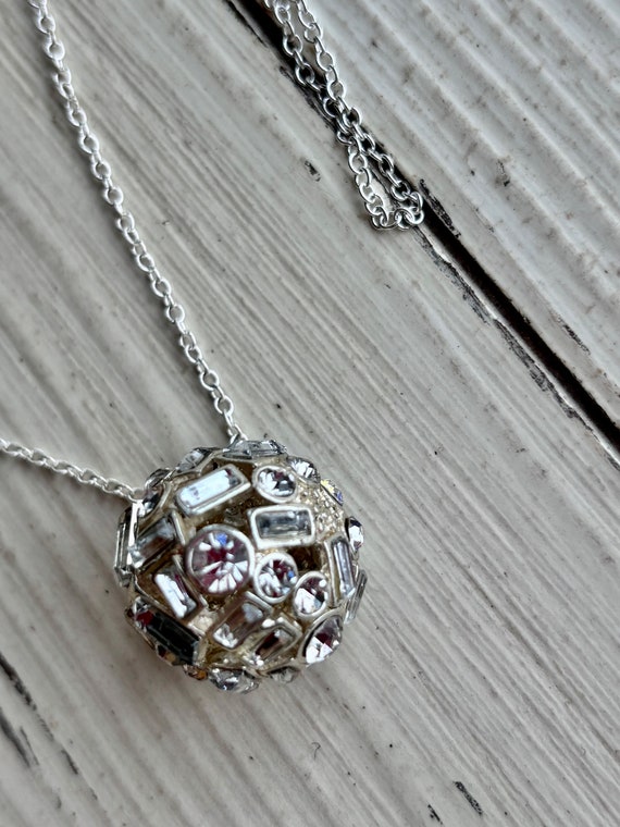 Vintage Silver Tone Ball Necklace - Crystal Inlai… - image 6