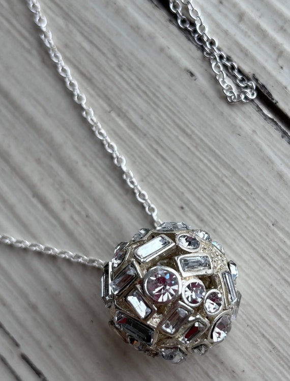 Vintage Silver Tone Ball Necklace - Crystal Inlai… - image 4