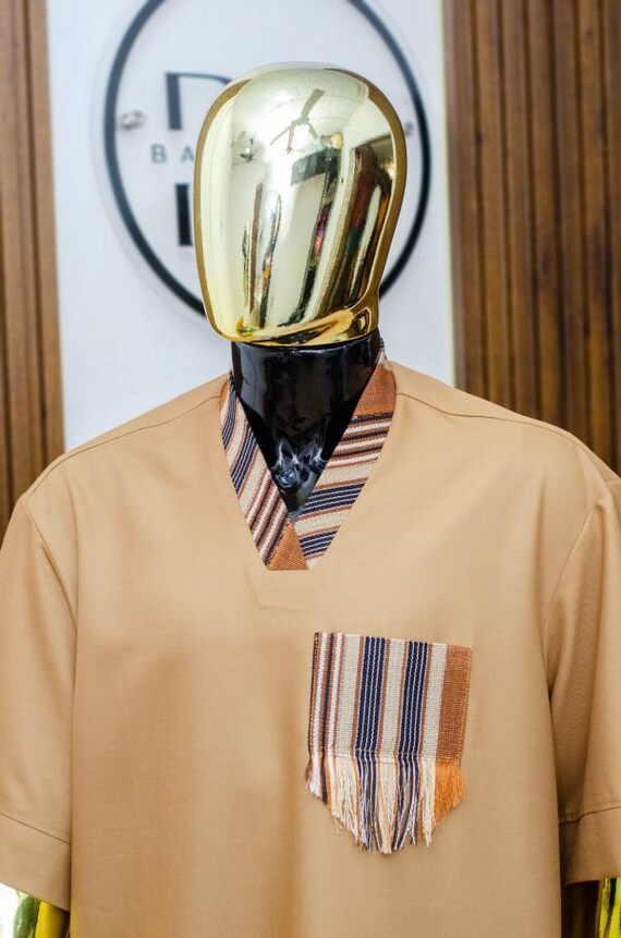 Men's African Tunic Shirt, Ankara Accent, Handwoven Cotton Blend