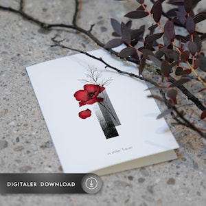 Carte de sympathie qui touche les cœurs | Design élégant avec branche et coquelicot rouge | Modèle d’impression numérique DIY | 3 formats A5/A6/Carré